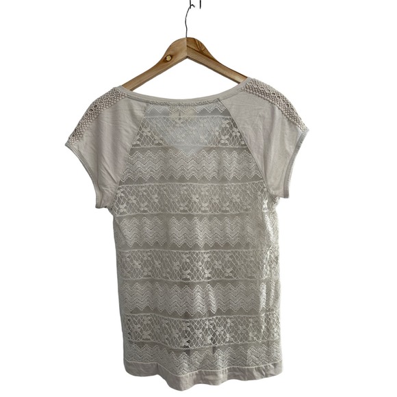 Chico's Light Tan V Neck Lace Sheer Short Sleeve Top Size 0 - Picture 2 of 10